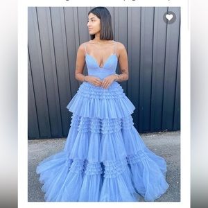 Prom Dress-Light Blue Ruffled Tiered Tulle with Slit-Sherri Hill inspired